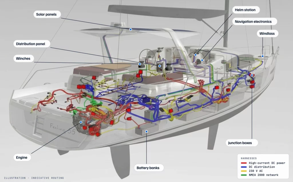 3D location view of the Feeling 55: DC, AC and NMEA 2000 harnesses and labelled connection points